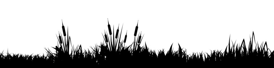 Naklejka premium Meadow silhouette with grass, plants on plain. Panoramic summer lawn landscape with herbs, various weeds. Herbal border, frame element. Black horizontal banners. Vector illustration