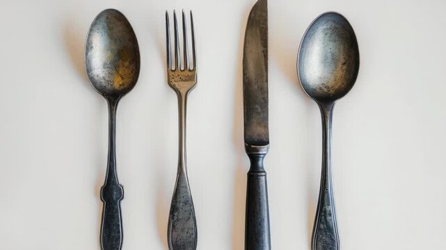Video A set of silverware including a fork, knife, and spoon