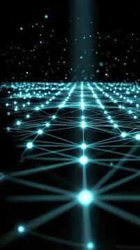 Glowing cyan network grid node and light beam as finger touches glowing touchpoint creating