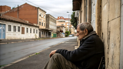 Elderly wrinkled man wearing dark jacket sits slumped outdoors against stone wall overlooking empty urban street expressing loneliness sadness nostalgia through pensive profile view during overcast da