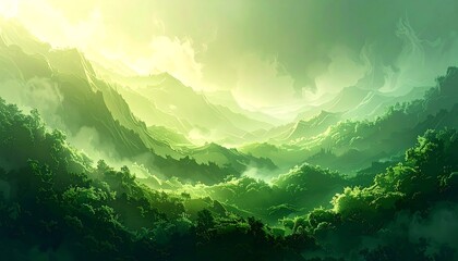 Lush green landscape depicting rolling mountains and valleys bathed in sunlight and soft mist