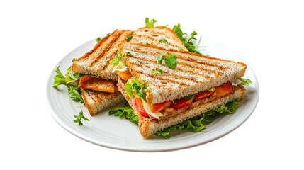 Appetizing toasted sandwich with tomato and lettuce on white plate close up view