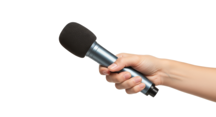 Hand holding a professional microphone for news reporting or interviews, isolated on a white background