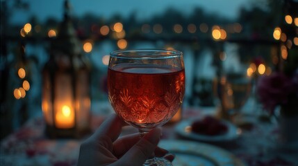 A hand holds a glass of red drink while sitting at a table with soft lighting from lanterns and string lights. The scene is near water during the evening creating a warm atmosphere.
