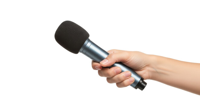 Hand holding a professional microphone for news reporting or interviews, isolated on a white background