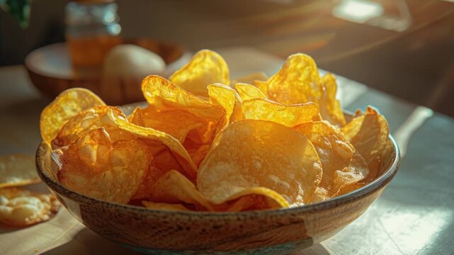 Video A bowl of crispy potato chips on a table, perfect for snacking or serving at parties