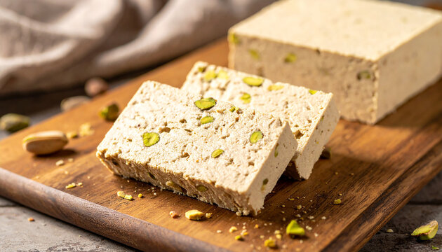 Traditional sesame halva slices with pistachios on a wooden board, rustic dessert styling, sweet snack.