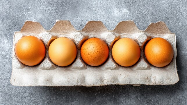 Five brown eggs rest in a cardboard egg carton on a gray surface in a kitchen. The eggs have smooth shells and are arranged neatly showing a simple kitchen scene.