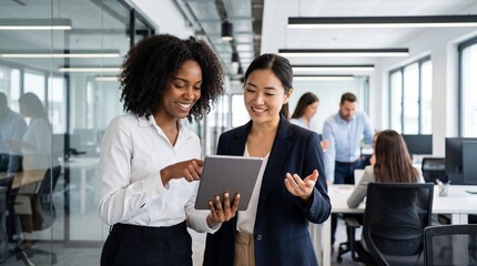 Diverse businesswomen analyzing data on a tablet while collaborating in a busy modern open-plan office