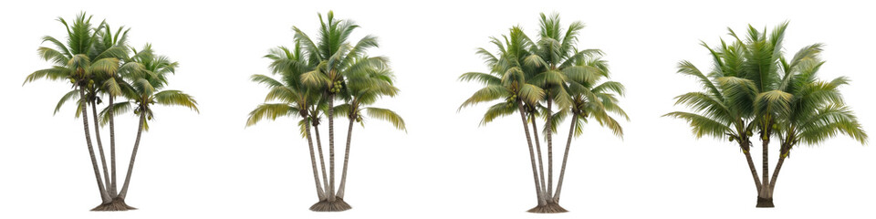Four Sets of Green Tropical Palm Trees PNG with Oil Paint Effect Isolated on White Background