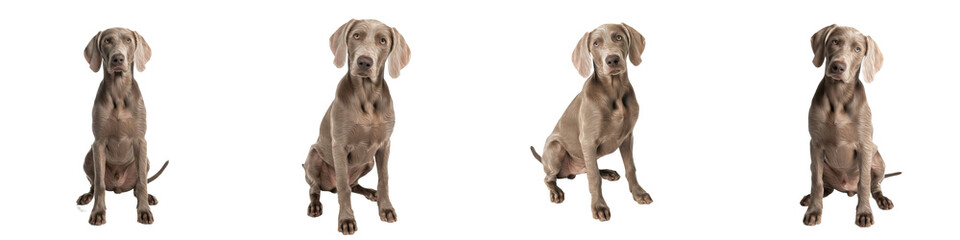 Fototapeta premium Four Weimaraner Dogs Sitting in Various Poses PNG with Oil Paint Effect Isolated on White Background