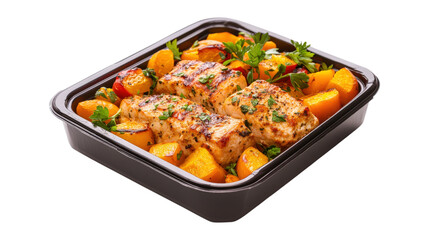 Grilled fish with roasted pumpkins garnished with parsley on black tray to go