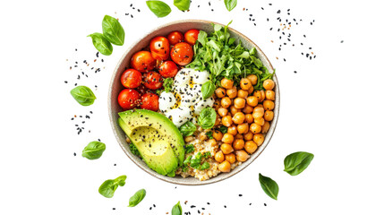 Nutritious vegan salad bowl with avocado tomatoes chickpeas mozzarella and basil leaf