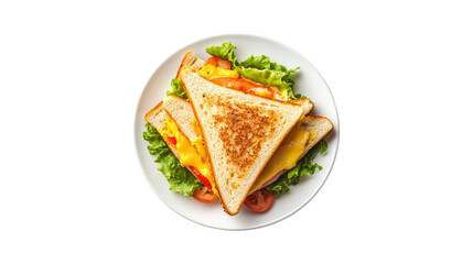 Overhead view of toasted sandwich with lettuce tomato and cheese on white plate