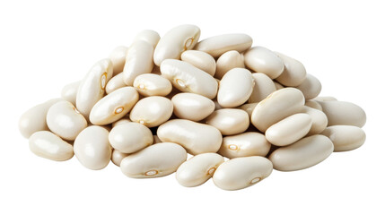 Pile of organic white kidney beans uncooked food ingredient against transparent backdrop