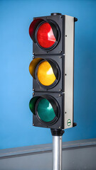 traffic light regulating traffic against a blue sky in the city