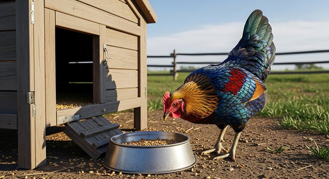 Colorful domestic fowl feeds from a metal dish near its wooden shelter in a grassy outdoor area
