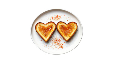 Two heart shaped toasts on white plate perfect for breakfast sitting on background