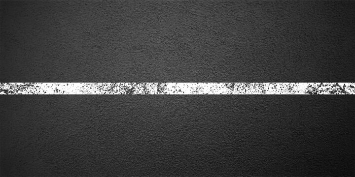 Asphalt road with white lane marking, concrete highway surface, texture. Street traffic line, road dividing strip. Pattern with grainy structure, grunge stone background. Vector illustration