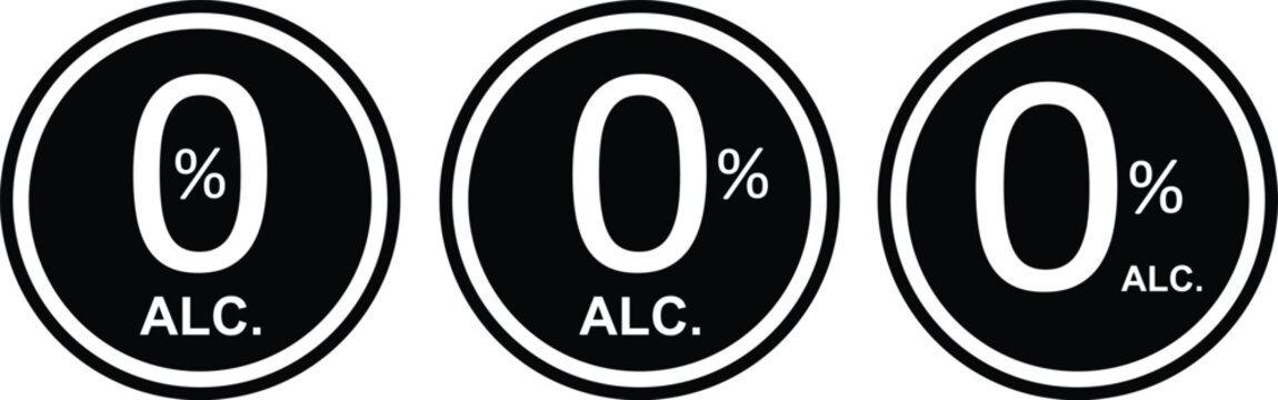 0% Alcohol . Zero Percent Alcohol . No Alcohol . Alcohol Free . icon vector badge 