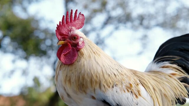 A rooster stands alert with a bright red comb against a soft natural background. Close view highlights plumage detail, posture, and calm farm atmosphere