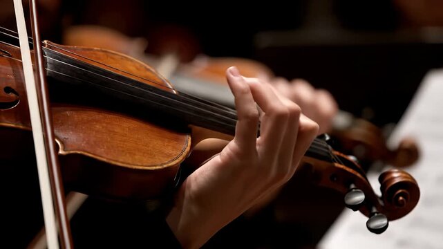 Close-up of a musician's hands skillfully playing a wooden violin during a classical music performance.