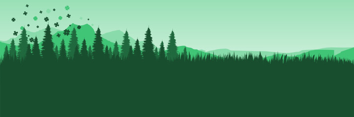 Obraz premium Serene wilderness vector scene with layered mountain range and scattered shamrocks in sky