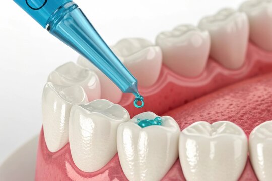 Dental fluoride treatment: applying fluoride gel to teeth with a dropper for cavity prevention. Close-up macro shot.
