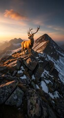 Majestic stag stands proudly atop a rugged mountain peak during sunset
