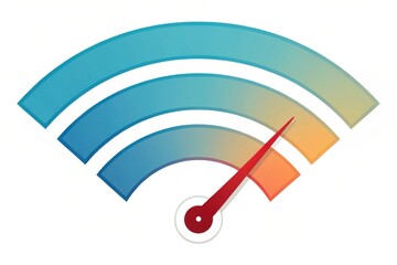 A stylized vector graphic of a speed indicator dial with arcs of blue, teal, and orange, and a red needle pointing to high speed, symbolizing performance.