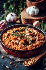 Fototapeta premium A hearty barley pilaf in a deep ceramic plate, garnished with sauteed mushrooms, fresh thyme, and toasted pine nuts