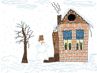 Like children like hand drawn digital illustration house tree snowman winter snowy day and lights garland festive lovely picture