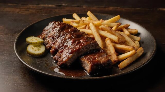 A plate of barbeque ribs, french fries, and pickles