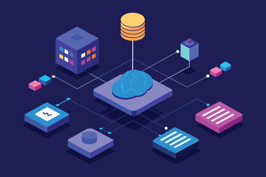 Futuristic Isometric Vector Illustration of an Artificial Intelligence Brain at the Core of a Data Processing Network, Representing Cloud Computing and Machine Learning
