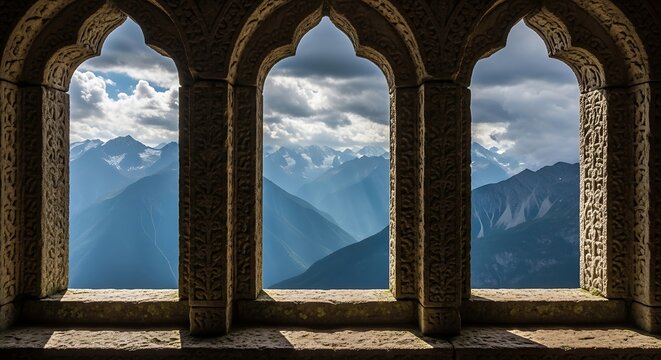 Ornate stone window frames reveal dramatic view of towering mountain range under cloudy sky