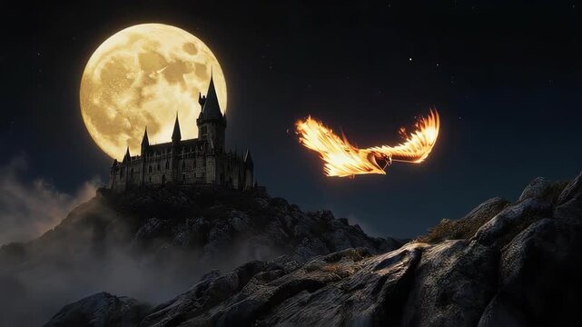 Owl soaring past a castle under the moonlight, creating a mystical atmosphere