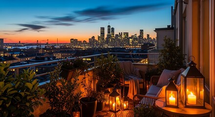 Illuminated balcony seating area overlooks a sprawling metropolis skyline at twilight