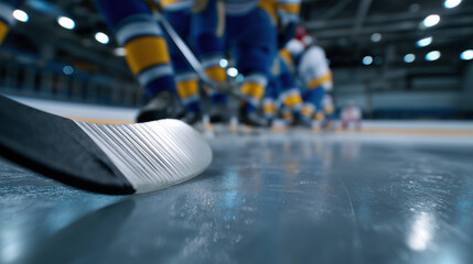 Hockey players practice on the ice with sticks and skates during training