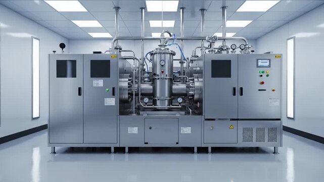 Modern industrial stainless steel processing machinery with control panels in a bright studio, representing advanced manufacturing and sterile production.