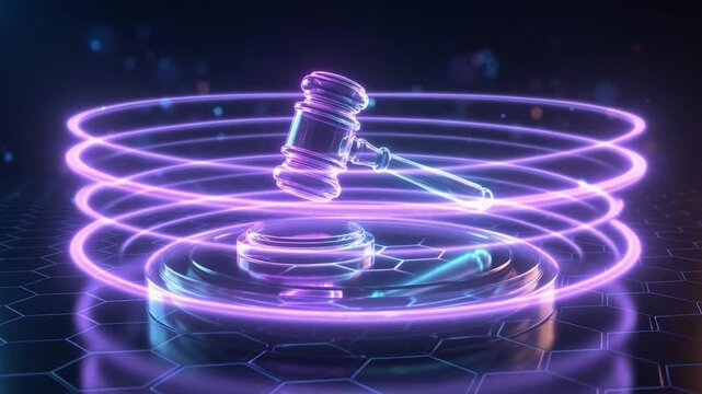 Gavel of justice: A digital render of a gavel, symbolizing law and justice, levitates within luminous energy rings, atop a digital platform. Capturing concepts of legality, decisions.