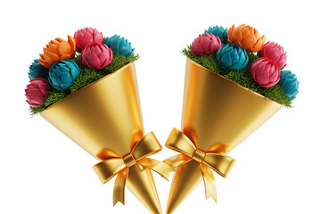 Colorful rose bouquet in gold paper wrapping with ribbon in soft pastel lighting for wedding decor