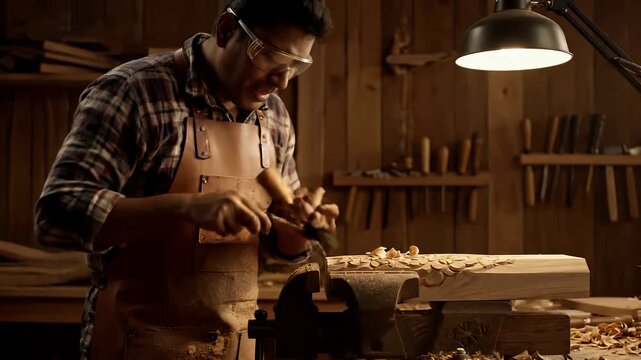 Man meticulously carving wood with traditional tools in a rustic workshop.