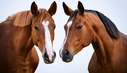 two brown horses with white markings on their faces are standing side by side against a plain background