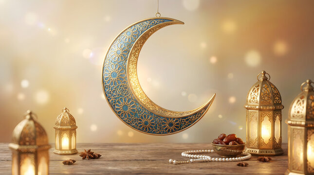 Golden crescent moon lantern with mosque lamps and Ramadan decorations on wooden table