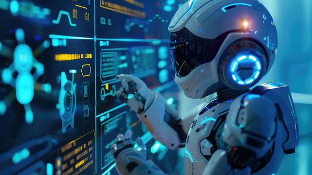A robot stands against a wall with a serious expression