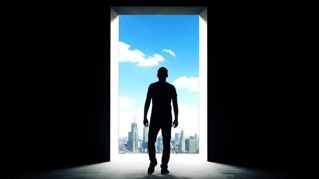 Mans Silhouette Stands in Doorway, Glimpsing Bright City Future Under Blue Sky.
