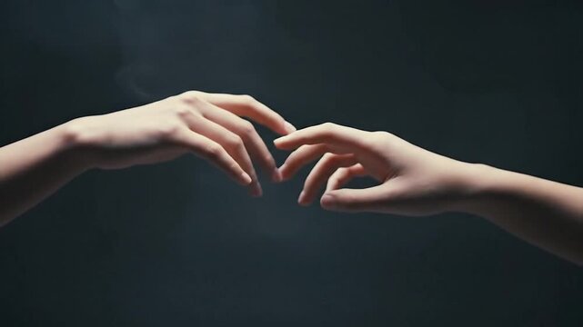 Graceful Human Hands Dynamically Reaching, Connecting, and Separating in a Dramatic Dark Void, Symbolizing Connection and Emotion.
