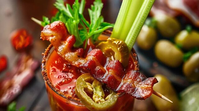 A glass of red liquid garnished with crispy bacon strips and green olives, great for a unique appetizer or party decoration