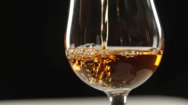 Amber liquid pouring into a snifter glass, creating bubbles and foam