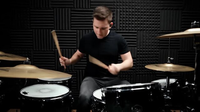 Man playing drums in a music studio with soundproof walls, focusing on his performance.